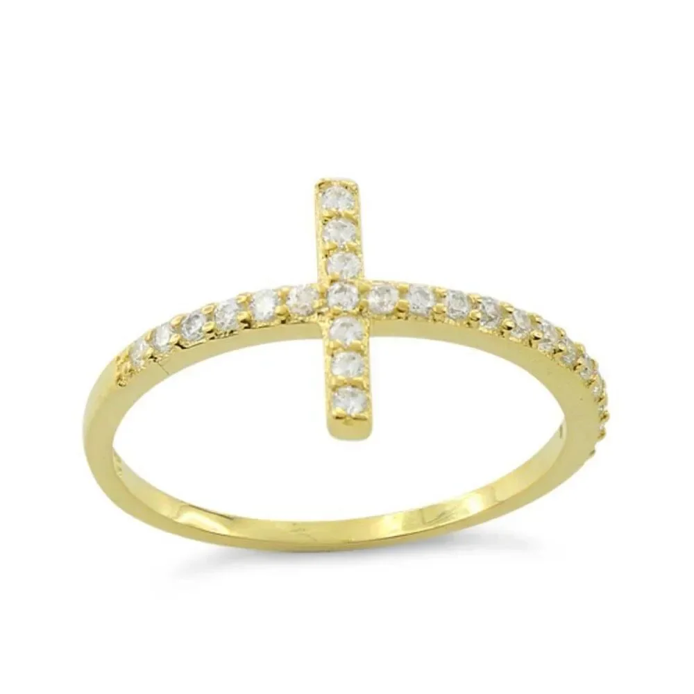 14k Yellow Gold Vermeil Sideways Cross Ring Sparkling CZ Pave Band New
